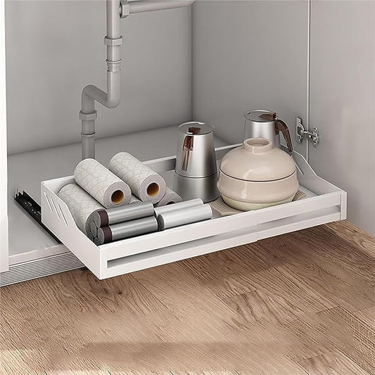 Pull out Cabinet Organizer,Under Sink Organizer, Home Office Organization Hidden Storage Pantry Shelf,No Need Drill and Nailing,for Kitchen Cupboard Cabinet.(White)