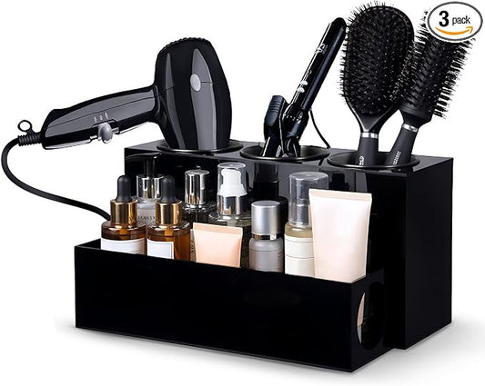 Hair Tool Organizer for Bathroom Vanity – Blow Dryer Holder with Stainless Cups for Hair Dryer, Curling Iron & Straightener, Countertop Hot Tools Holder and Hair Tool Storage (BLACK)
