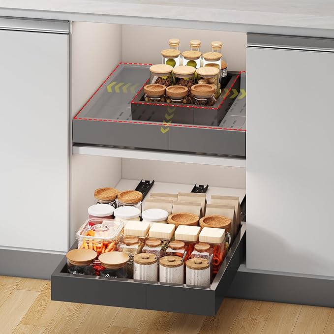 Pull out Cabinet Organizer,Width (11"-16") and Depth (17"-24") Expandable With 3 Rails,No Drill Adjustable Slide out Drawers for Kitchen,Pantry,Adhesive Roll out Shelves,for Cabinets without Lip,Black