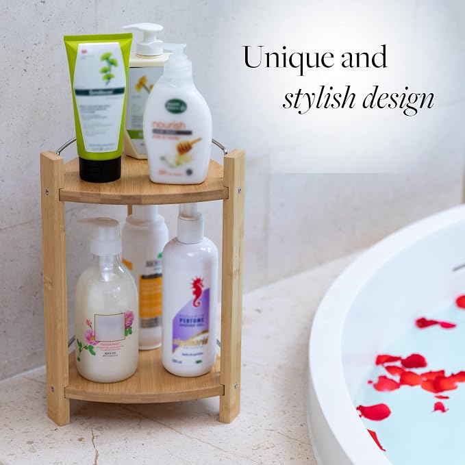 GOBAM Bamboo Shower Corner Caddy, Medium - 2 Tier Bathroom Organizer Countertop for Shampoo, Conditioner, Lotion, Soap - Standing Shower Stand for Kitchen, Bedroom, or Office
