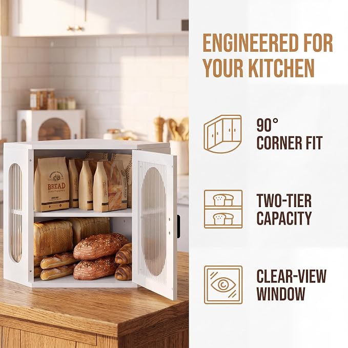 Alpeir Corner Bread Box for Kitchen Countertop, Thick Pine Wood Keep Freshness Longer, Adjustable Farmhouse Bread Storage Container with Window & Deli Papers for Homemade Bread, Baked, White