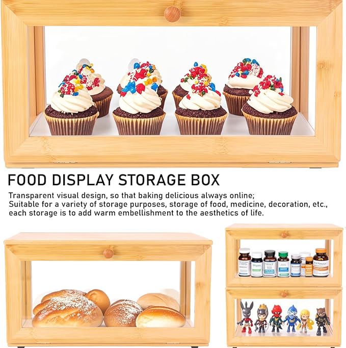 ETMI Bamboo Bread Box for Kitchen Countertop Pastry Display case kitchen Storage (bamboo clear)