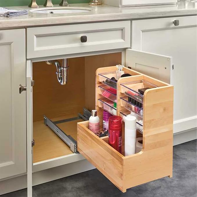 Rev-A-Shelf 30" Wood Vanity Sink Pullout Organizer Cabinet Storage with Soft-Close for Kitchen or Bathroom, Min Opening Width of 12", Maple Wood, 441-15VSBSC-1