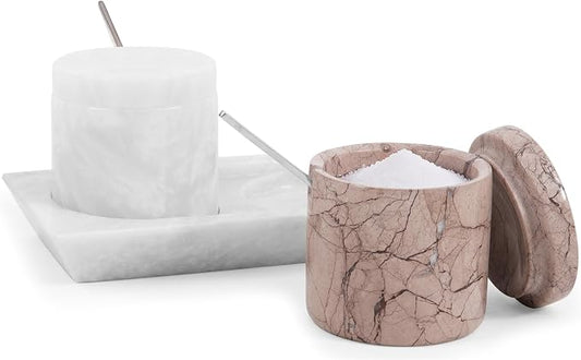 Radicaln Marble Salt Cellar with Lid and Tray 3" Inch White and Marinara Handmade Set of 2 Seasoning Jars For Kitchen Storage, Ideal Table Sugar Bowl & Salt Dish For Countertop