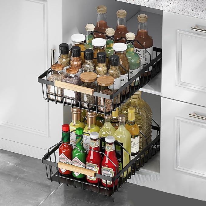 Takywep Pull Out Cabinet Organizer, No Drill Adhesive Pull Out Drawers, Pantry Organizers with 4 Iron Wires & Quiet Rails, Slide Out Cabinet Organizer for Bathroom, Kitchen, Pantry, White