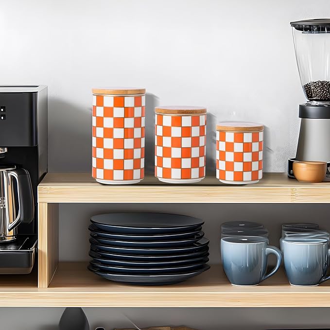 Kitchen countertop ceramic grid pattern airtight jar set - a set of 3 kitchen jars with layered shelves, sealed countertop flour and sugar containers, coffee and tea storage (Orange)