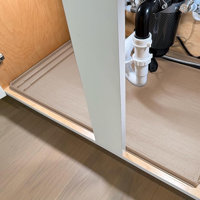 XTREME MATS Trimmable Rubber Under Sink Cabinet Mat – Ultimate Waterproof Protection for Kitchen or Bathroom Cabinets with Patented Overflow Channels (Beige)