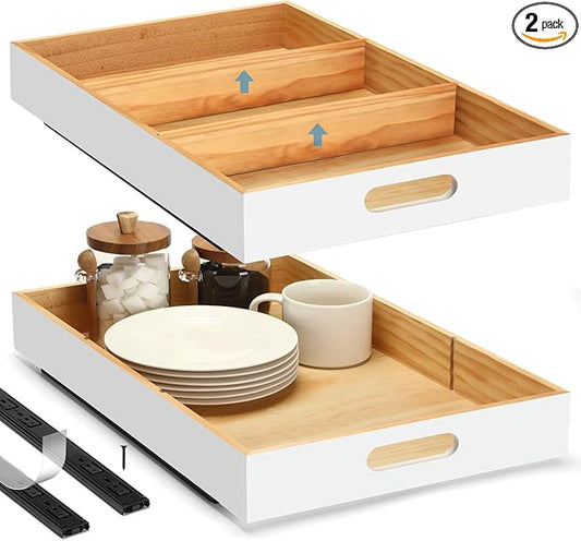 CroBlissful 2 PCS Wood Pull Out Cabinet Organizers with Removable Dividers, 14''W x 21''D Nail-free Wood Sliding Drawers with Adhesive Tape, Roll Out Shelves for Kitchen, Pantry, Office (White)