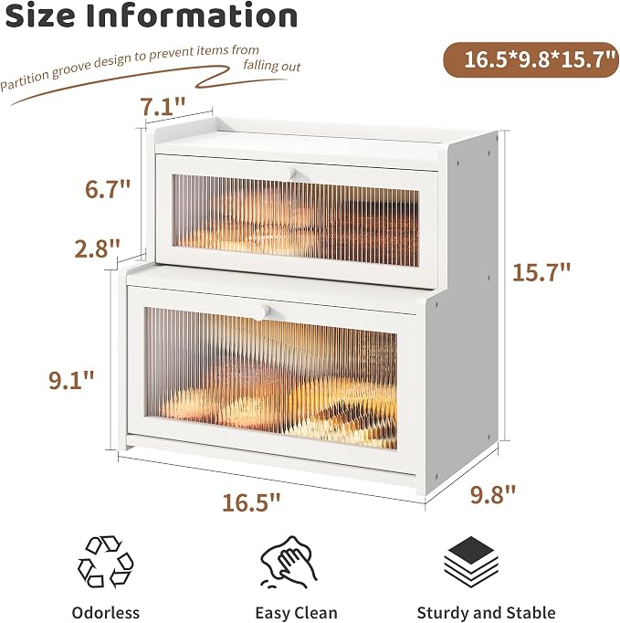 Bread Box for Kitchen Countertop Double Layer Large Corner Bread Box Capacity Bread Storage Bin Farmhouse Breadbox Container Organizer Cabinet Cupboard (White)