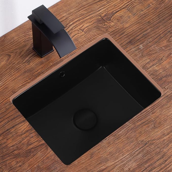 Small Undermount Bathroom Sink 16 Inch Matte Black Rectangular Porcelain Ceramic Vanity Basin with Overflow (15.7"x11.8") KDKSC