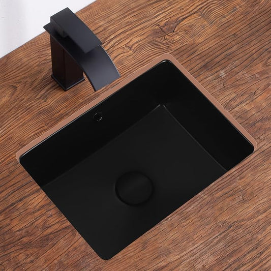 Small Undermount Bathroom Sink 16 Inch Matte Black Rectangular Porcelain Ceramic Vanity Basin with Overflow (15.7"x11.8") KDKSC