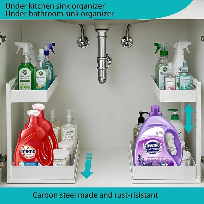 Under Sink Organizer, 2 Pack 2 Tier Metal Under Cabinet Storage with Height-adjustable Shelf and Pull out Rack for Pantry Vanity Cupboard Counter Countertop Bathroom Kitchen