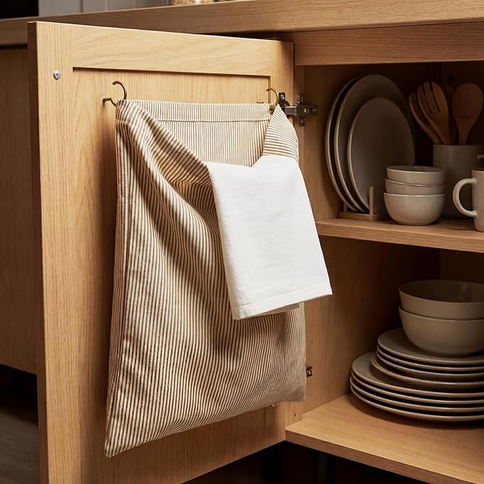 Reusable Dirty Rag Storage Bag Linen Dish Towel Cloth Bag Dish Rag Holder Natural Cotton Vintage for Under Sink Cabinet Door Organizer Laundry Bathroom Storage(Ecru,Horizontal Stripes)