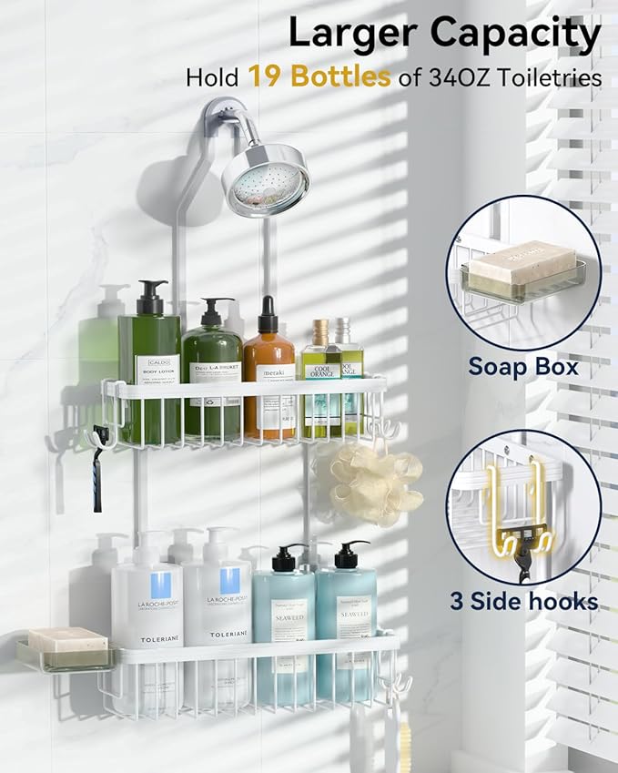 YASONIC Never Rust Shower Caddy Hanging, Aluminum Shower Racks for Inside Shower, 2-Tier Shower Organizer Hanging Over Shower Head with Hooks and Soap Holder, White