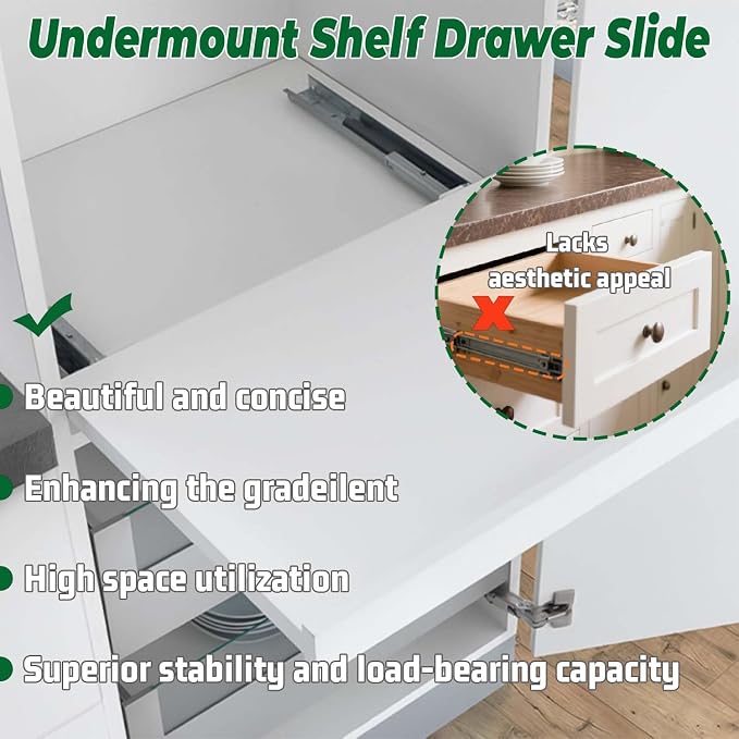 1 Pair 20" Undermount Drawer Slides, Soft Close Bottom Mount Pull Out Shelf Slider Full Extension Invisible Base Mount Drawer Slies for Cabinet Tray Kitchen Pantry Drawer