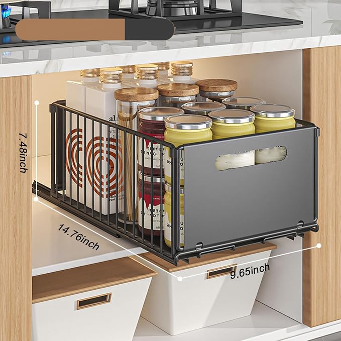 Pull Out Cabinet Organizers Large Capacity with Nano Adhesive Tallened Guardrail Anti Fall Design for Bathroom & Kitchen Cabinets Pantries (Black, L-1Pcs)