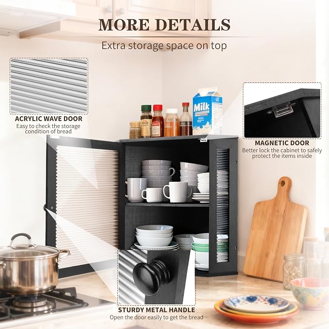 Extra Large Corner Bread Box - Bamboo Bread Box for Kitchen Countertops, Large Capacity Kitchen Bread Storage and Organizer with Corrugated Acrylic Wavy Window (Black)