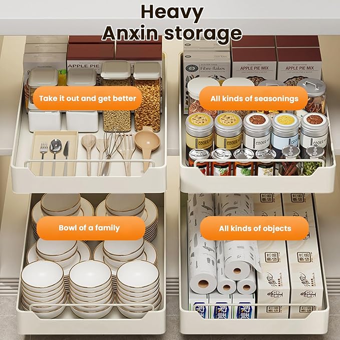 Pull-Out Cabinet Slide-Out Drawer Storage Shelf for Kitchen Cupboards Roll-Out Sliding Tray Easy No-Drill Installation Space-Saving Storage Solution
