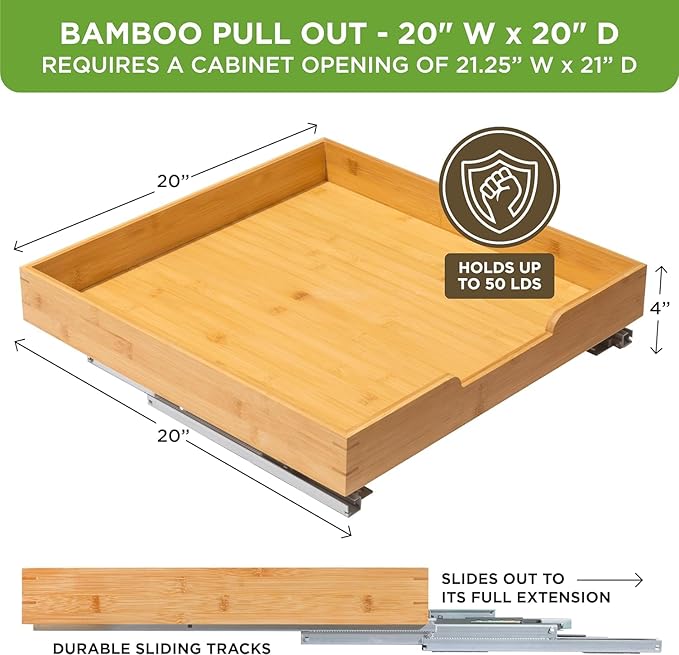 HOLDN’ STORAGE Bamboo Wooden Pull out Cabinet Organizer 20"W x 21"D Requires At Least a 21.25"W x 21"D Cabinet Opening W/Lifetime Limited Warranty, Bamboo Tray and Heavy Gauge Metal Rails