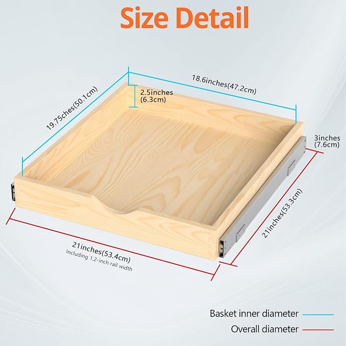 ZOINLIY 21''W X 21''D X 3''H Wooden Pull Out Drawer for Cabinet, Cabinet Organizer for Kitchen, Soft Close Slide Out Shelves, Heavy Duty, Full-Extension