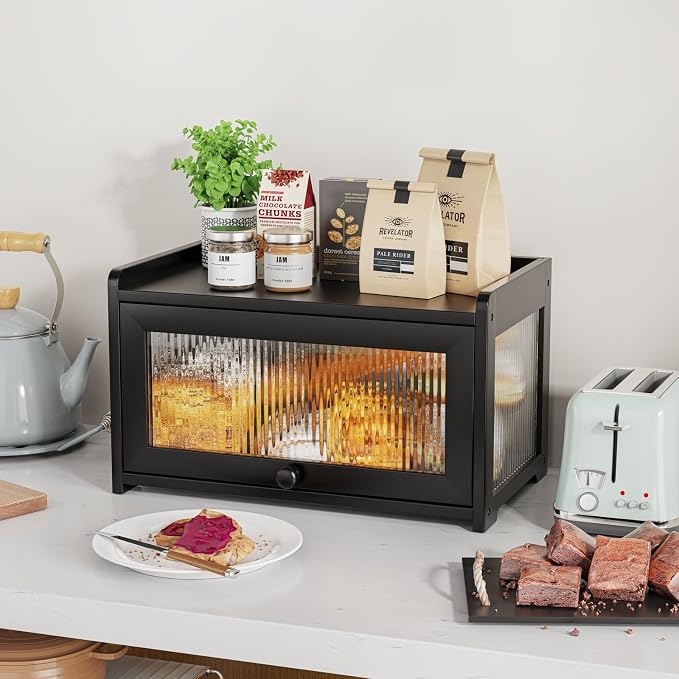 BAMBANG Bamboo Bread Box for Kitchen Countertop, Extra Large Farmhouse Bread Box with 4-Side Clear Panels, Wooden Bread Storage Container for Homemade Bread, Black