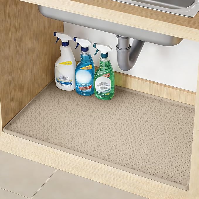 TRZZ Silicone Waterproof Under Sink Mat 34" x 19", Drip Tray and Cabinet Liner for Kitchen and Bathroom, Prevents Water Damage and Organizes Cabinets (Khaki)