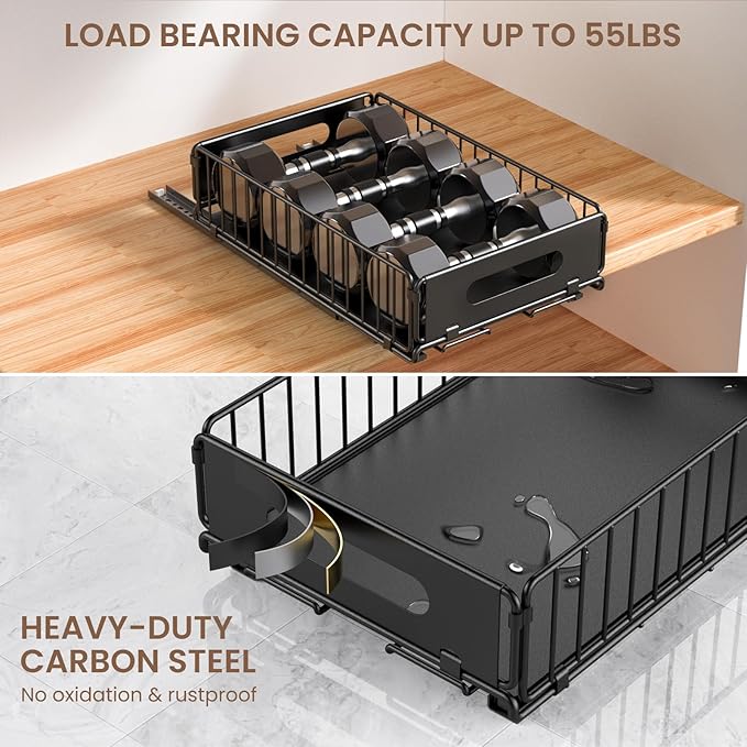 2 Pack Pull Out Cabinet Organizer, Heavy Duty Slide Out Pantry Drawers Shelves Storage With Strong Adhesive Strips and Handle for Kitchen, Bathroom, Living Room, Home (14.8"D X 9.6"W X 3.9"H)
