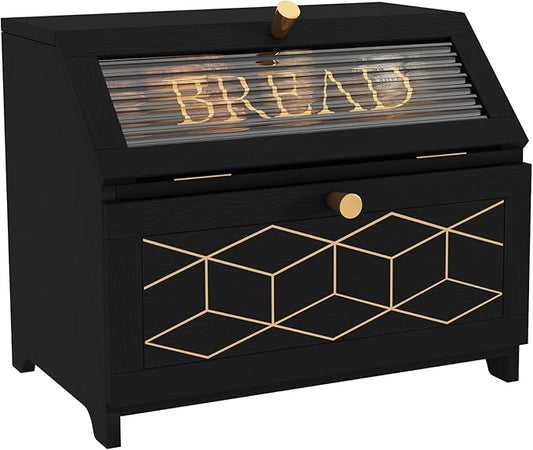 HOLTICO Double Layer Bread Box With Golden Trim for Countertop, Wooden Bread Container for Kitchen Counter, Corner Bread Storage (Black1)