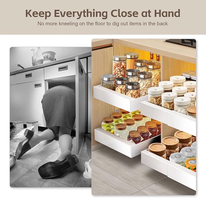 2Pack Expandable Pull Out Cabinet Organizer 21" Deep - Sliding Drawer Organizer Roll Out Shelves Adhesive - Adjustable Width 15.2"-26.2" W (White)