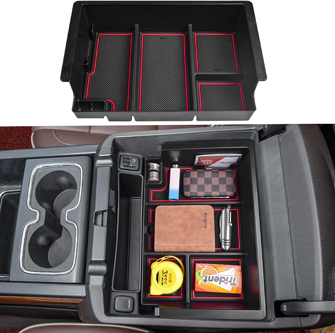 Full coverage Center Console Organizer Compatible with 2014-2018 GMC Sierra 1500 /Chevy Silverado 1500 Accessories 2015-2020 Yukon XL/Tahoe Suburban Insert Armrest Storage ABS Plastic, Red