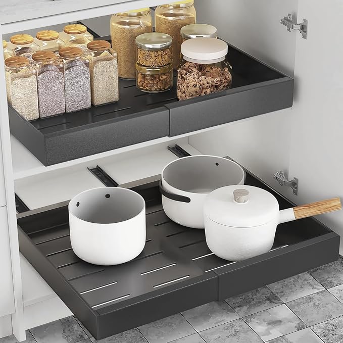 Expandable Pull Out Drawers for Cabinets(Gray) : Kitchen and Pantry Organizer, Sliding Cabinet Organizer with Adhesive, Under Sink and Pots Storage, Depth 16.5". expandable pull out cabinet organizer