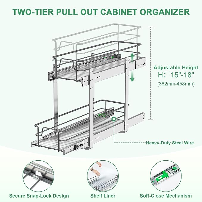 2-Tier Pull Out Cabinet Organizer (8" W x 22" D), Soft Close Cabinet Slide Out Shelves, Heavy Duty Slide Out Drawers with Shelf Liner for Kitchen Cabinets, Pantry Storage, Bathroom