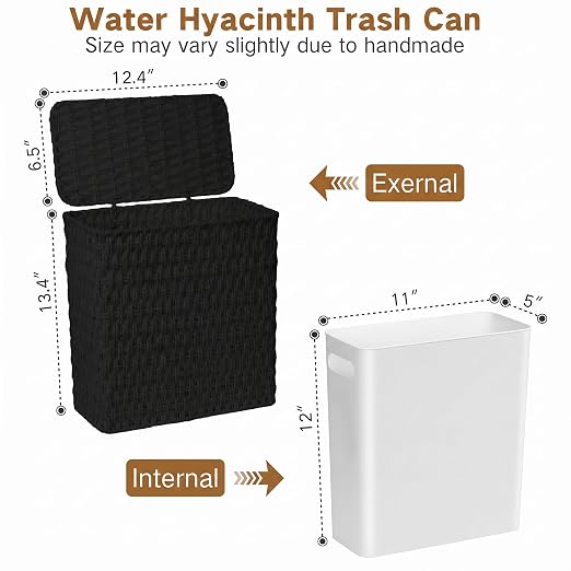 iEGrow Paper Rope Trash Can,Bathroom Trash Can with Lid, 3 Gallon Wicker Waste Basket with Removable Liner, for Bedroom, Living Room, Toilet, Under Sink Black