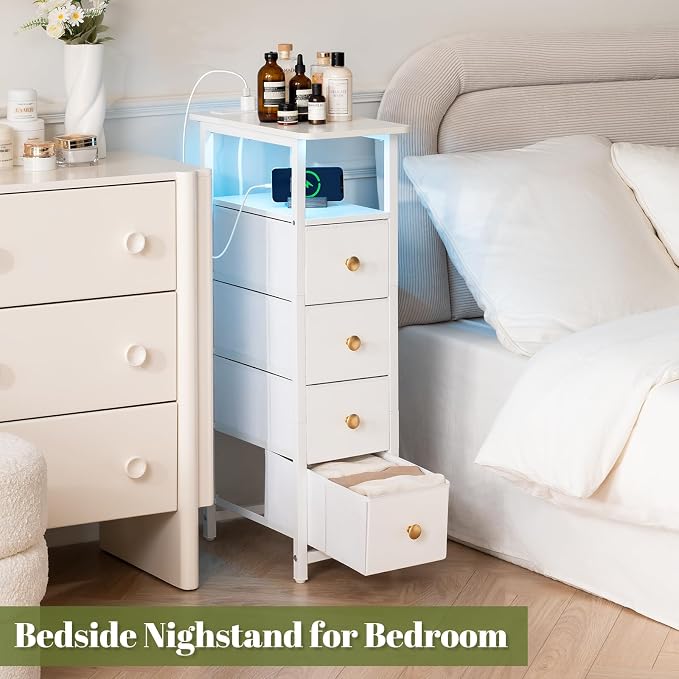 Yoobure LED Narrow Nightstand with Charging Station - Slim Dresser for Bedroom Narrow Side Table Storage Cabinet, Small Dressers Chest of Drawers, Tall Night Stand End Table for Small Spaces, White