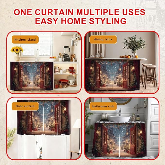 Self Adhesive Vintage Street View Cabinet Curtain for Mother's Day, 39x28 Inch Open Door Scenery Under Sink Skirt No Drill, Spring Cleaning Kitchen Decor, Hook and Loop Valance