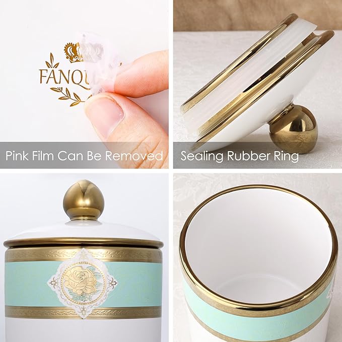 fanquare Small Porcelain Canister, Luxury Gold and Green Printing Decorative Jar, Normal Size Ceramic Container for Sugar, Tea, Coffee, Countertop