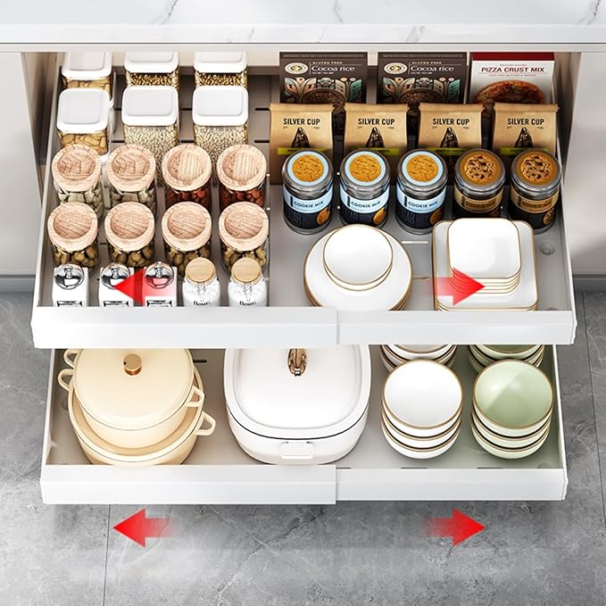 2PCS Expandable Pull Out Cabinet Organizer pots and pans organizer under cabinet Upgrade 3 Slide Rails Slide Out Drawers Roll Out Shelves Adhesive,Adjustable Width