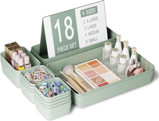 Plastic Drawer Organizers, 18 PCS Drawer Organizer Bins, Bathroom and Vanity Organizer Plastic Tray, Makeup organizer and storage for Makeup, Bedroom, Kitchen Gadgets Utensils and Office