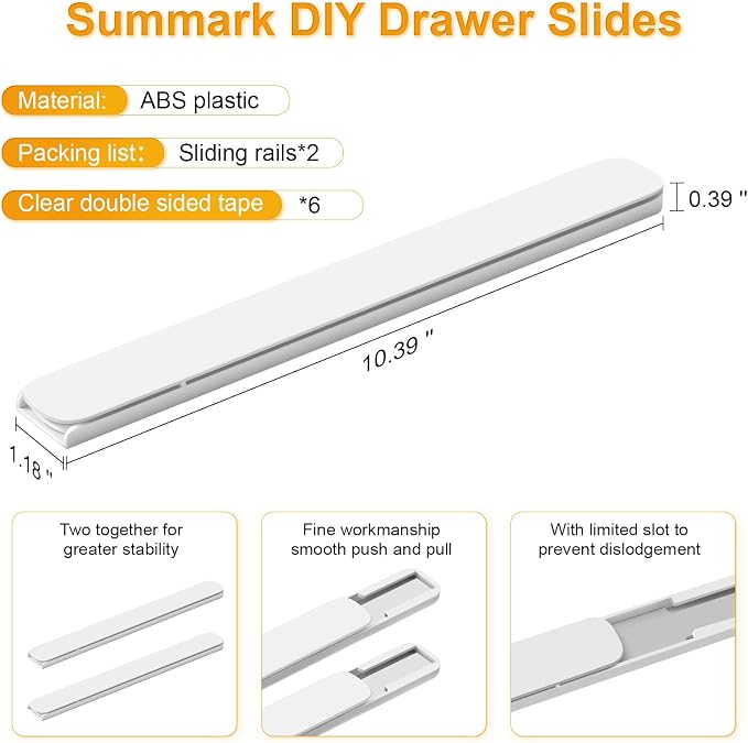 Summark Pull Out Rail for Baskets or Bins.Storage and Organization Accessories for Cabinet,Shelves.DIY Drawer Organizers Slides.2 Packs,White (1)