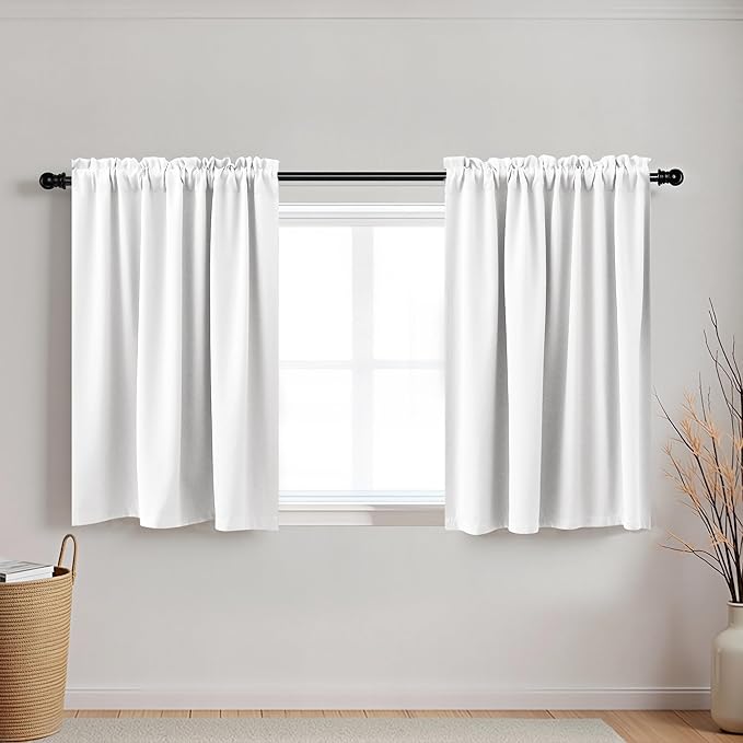 KOUFALL White Curtains for Small Bathroom Window,50% Blackout Short Curtains for Bedroom,24 x 30 Inch Length