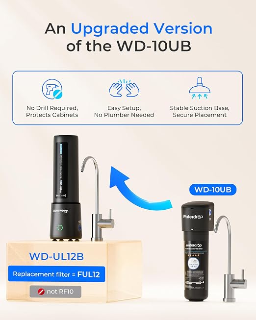 Waterdrop UL12B Under Sink Water Filter, Upgraded for 10UB, No-Drill Filter Housing (Faucet Drilling Required), with Brushed Nickel Faucet, Reduces Chlorine, Bad Taste & Odor, 1 Year (Filter: FUL12)