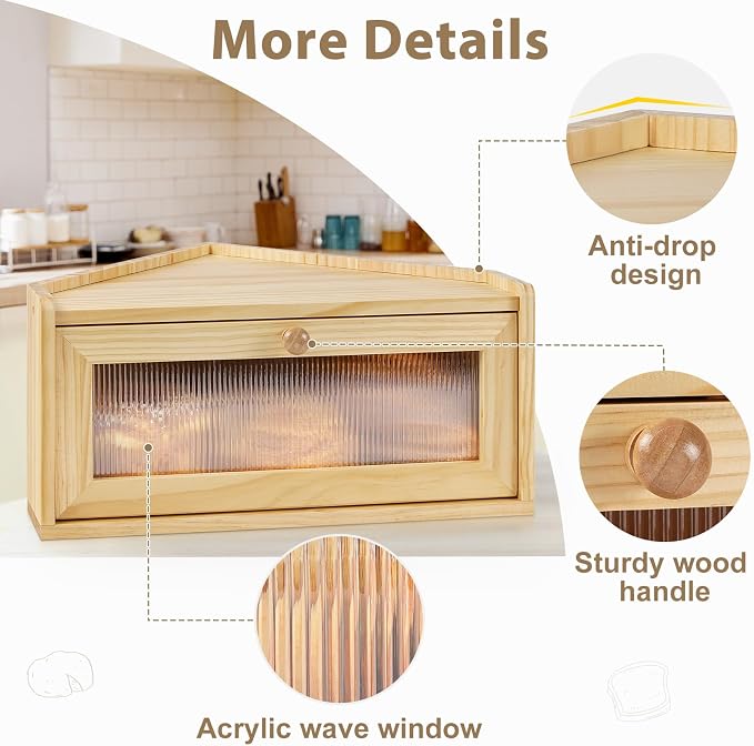 Sunhoo Bread Box for Kitchen Countertop Wooden Corner Breadbox Counter Food Storage Bin Container Farmhouse Rustic Homemade Bread Fresh Keeper Organizer Holder Vintage Stackable with Window (Yellow)