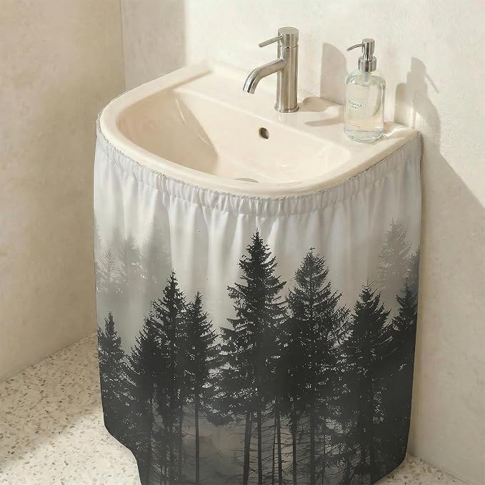 Misty Forest Sink Skirt for Bathroom, Self Stick Adhesive Waterproof Fabric, Nature Woodland Under Sink Curtain Skirt, Pedestal Sink Accessories Decor