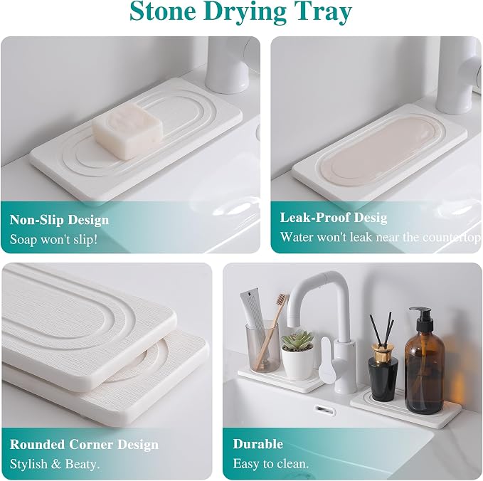 2PCS Water Absorbing Stone Tray for Sink, Quick Drying Diatomite Bathroom Tray Countertop, Stone Drying Mat for Kitchen Counter Faucet, Soap Dish Dispenser Vanity Organizer, White-7.9" x 4"