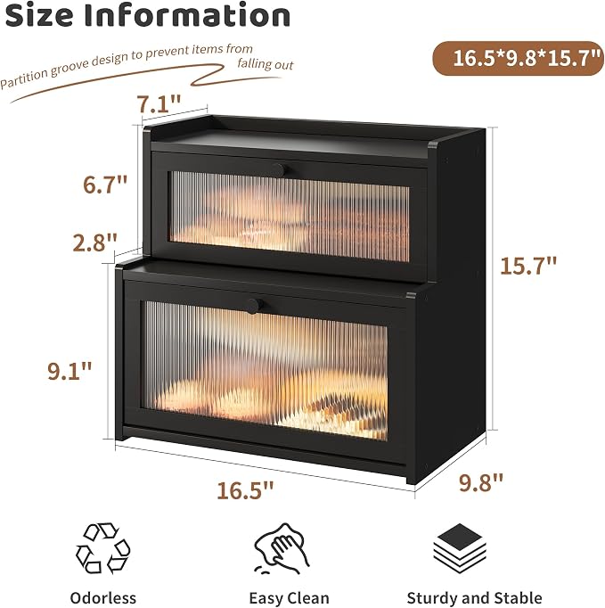 Bread Box for Kitchen Countertop Double Layer Large Corner Bread Box Capacity Bread Storage Bin Farmhouse Breadbox Container Organizer Cabinet Cupboard Black