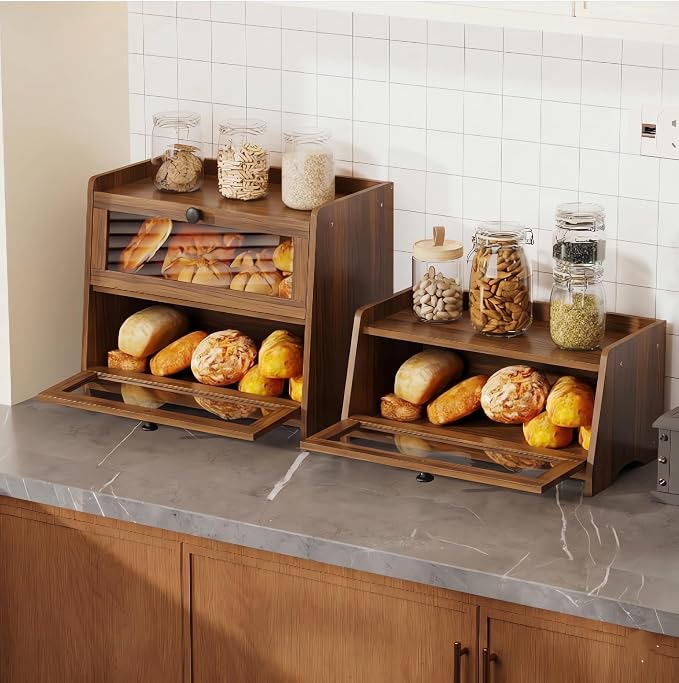 BAMBANG Bread Box for Kitchen Countertop, Extra Large Bamboo Bread Storage Container for Homemade Bread, Double Layer Sourdough Breadox, Bread Bin Organizer for Counter Cabinet Pantry, Amber