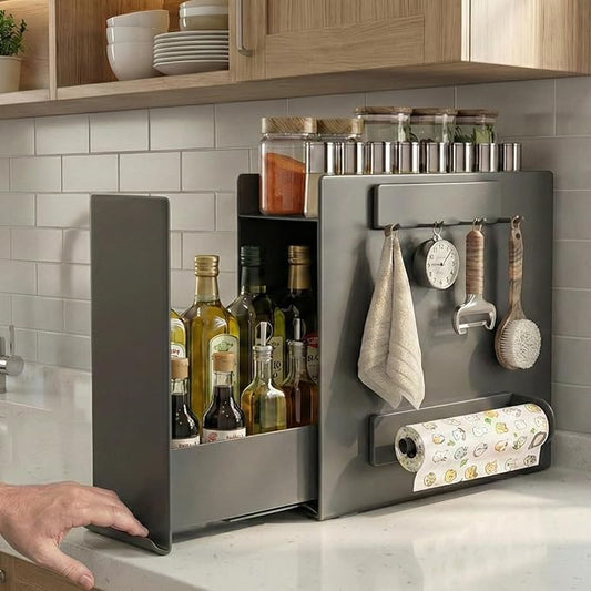2 Tier No Assembly Pull Out Spice Rack Countertop, Sliding Drawer for Tall Bottles, with Magnetic Panels with Paper Towel Holder and 4 Hooks (Dark Grey, 2-Tier Dark Grey with Accessories)