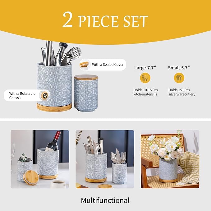 TEATALK Ceramic Utensil Holder Set, 360° Rotating Organizer for Countertop, Farmhouse Vintage Style, Large and Small Crocks in Light Blue 7.7"+5.7", Light Blue