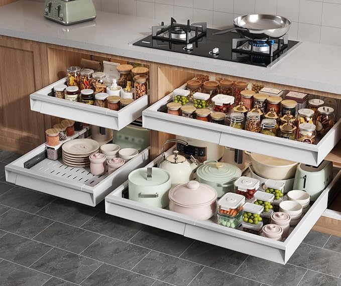Seinloes 4 Pack Pull Out Cabinet Organizer Expandable Width (15"-24.8") & Depth (16.2"-23.6"), 3 Slide Rails Slide Out Drawers with Handle, Includes Raising Pad for Framed Cabinets, White