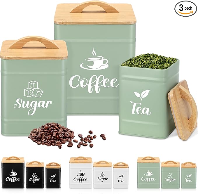Maxdot 3 Set Coffee Sugar Tea Containers, Square Airtight Kitchen Canisters Storage Ground Organization with Bamboo Lids Rustic Metal Jars for Coffee Bar Beans, Tea Leaves, Food, Countertop(Turquoise)